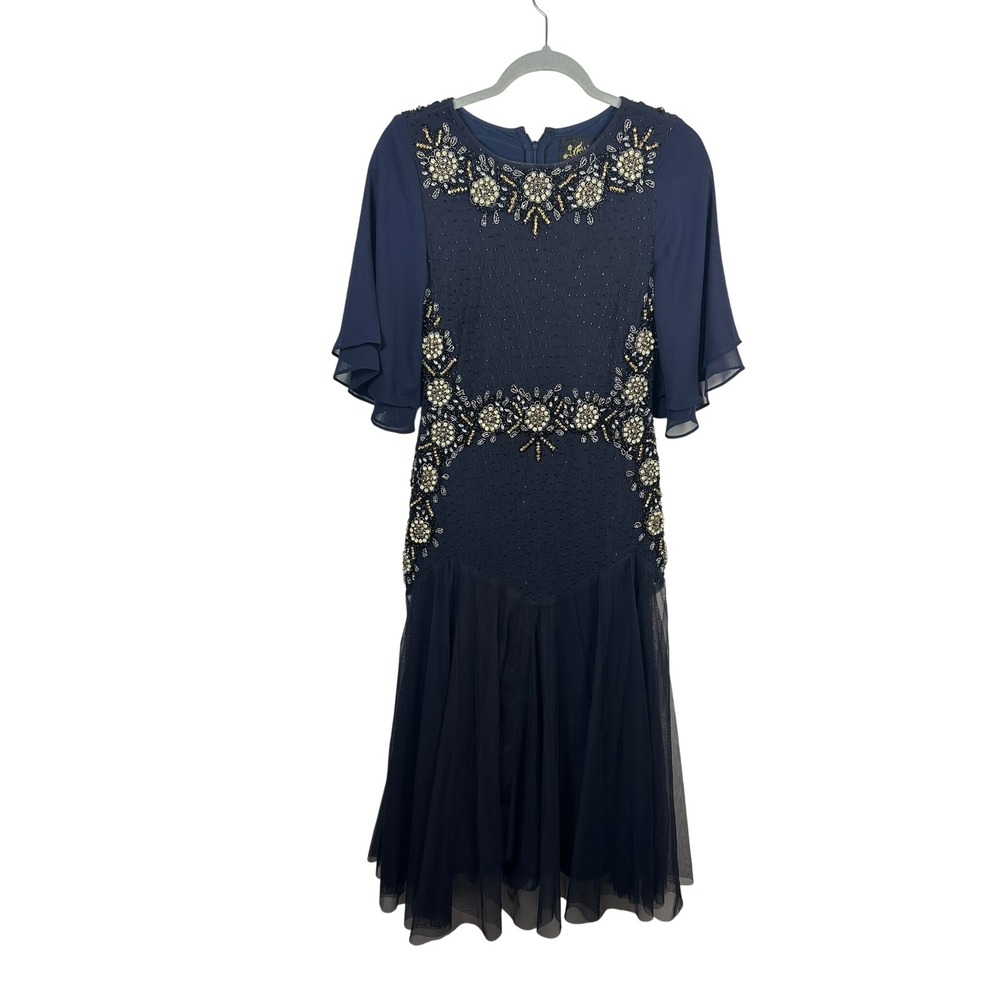 Johnny Was Cocktail Dress Women 8 Navy Blue Good Beaded Tulle Flutter R39323-9